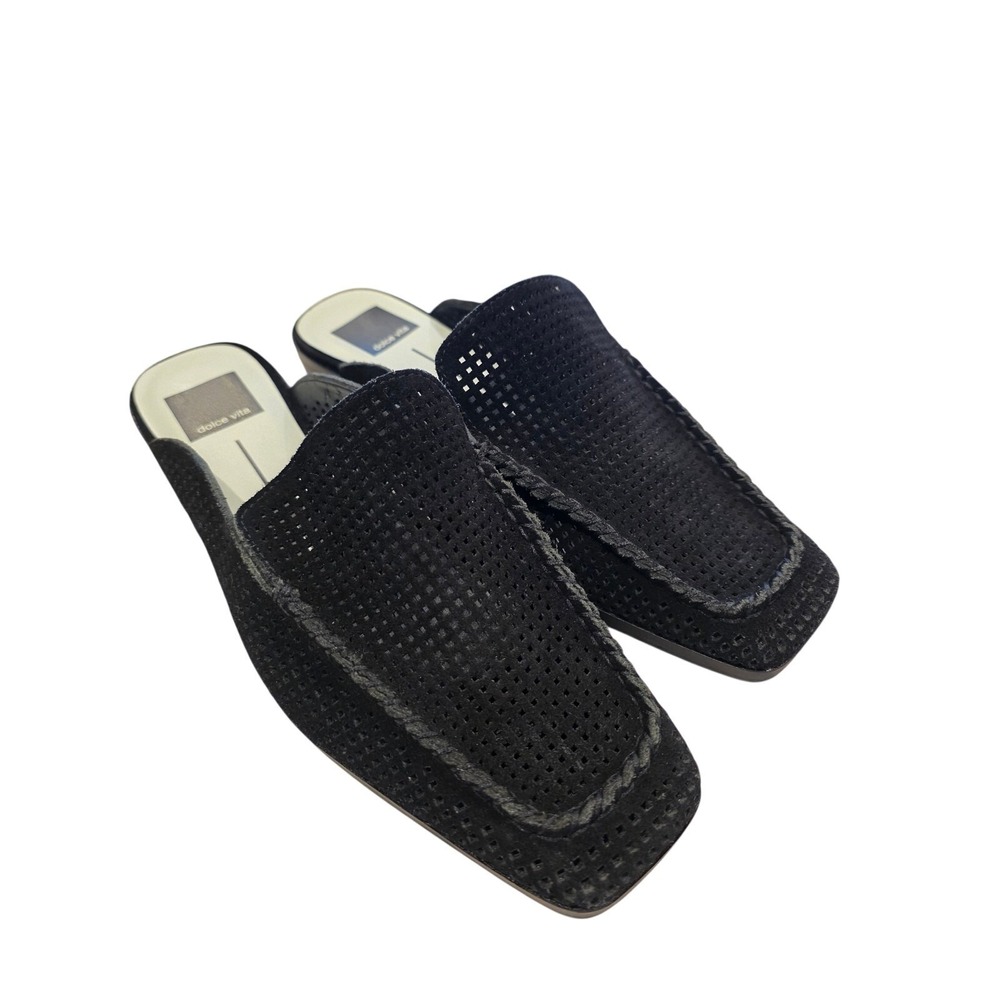 Dolce Vita Black Suede Perforated Mule Loafers Square Toe Slip On Flats Womens - Picture 4 of 12